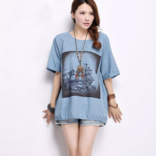 2016 New Casual Women Korean Style O-neck T shirts Female Short Sleeve Cotton Linen Tshirt Plus Size Cat Bus Print Top 70739