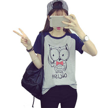 2016 New Casual Women Korean Style O-neck T shirts Female Short Sleeve Cotton Tshirt Plus Size Owl Animal Print Top 70737