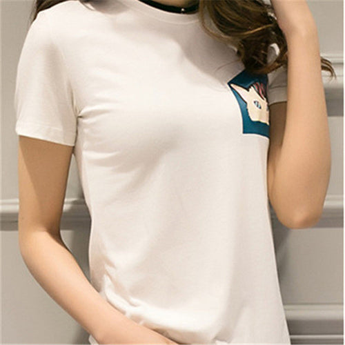 2016 New Casual Women Korean Style O-neck T shirts Female Short Sleeve Cotton Tshirt Plus Size Cat Bus Print Top 70738Cat Bus