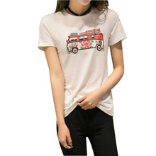 2016 New Casual Women Korean Style O-neck T shirts Female Short Sleeve Cotton Tshirt Plus Size Cat Bus Print Top 70738Cat Bus