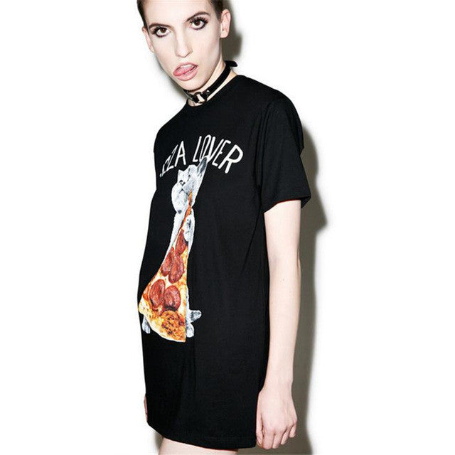 2016 New Casual Women T shirts O-neck Tshirt Female Short Sleeve Plus Size Letter Pizza Lover Print Tops 70812