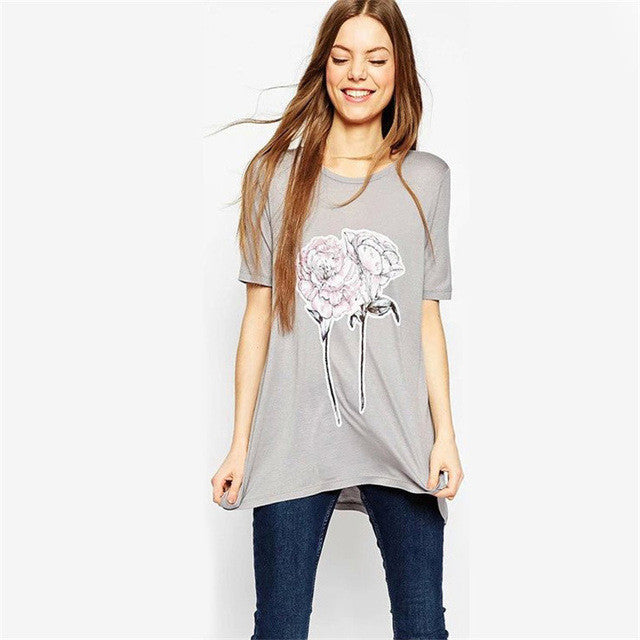 2016 New European Style Casual Women Long T shirts O-neck Plus Size Tshirt Female Floral Short Sleeve Female Top 70717