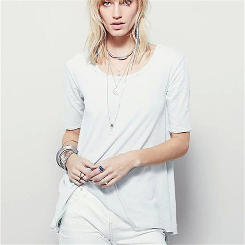 2016 New European Style Casual Women Long T shirts O-neck Plus Size Tshirt Female Short Split Sleeve Top 70718