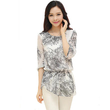 2016 New Fashion 3/4 Sleeve T-shirts Plus Size Female Print Long T shirts Top O-neck Women Chiffon t shirt 71142