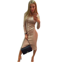 2016 New Fashion Autumn Women Long Sleeve Round Neck Knitted Button Bodycon Dress Women Clothing Vestidos