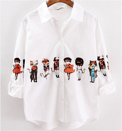 2016 New Fashion Cartoon Print Shirts Women Button Half Sleeve Turn-down Collar Blouse Female Loose Casual Shirt Tops 31822