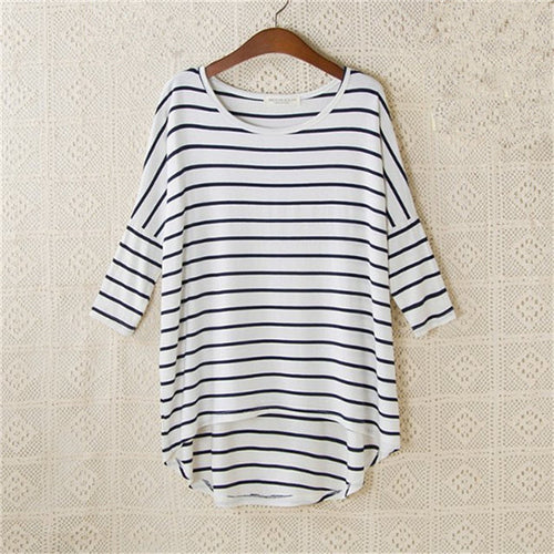 2016 New Fashion Loose T-shirt Large Size O-neck 3/4 Sleeve tShirt Women Stripped Top 70830