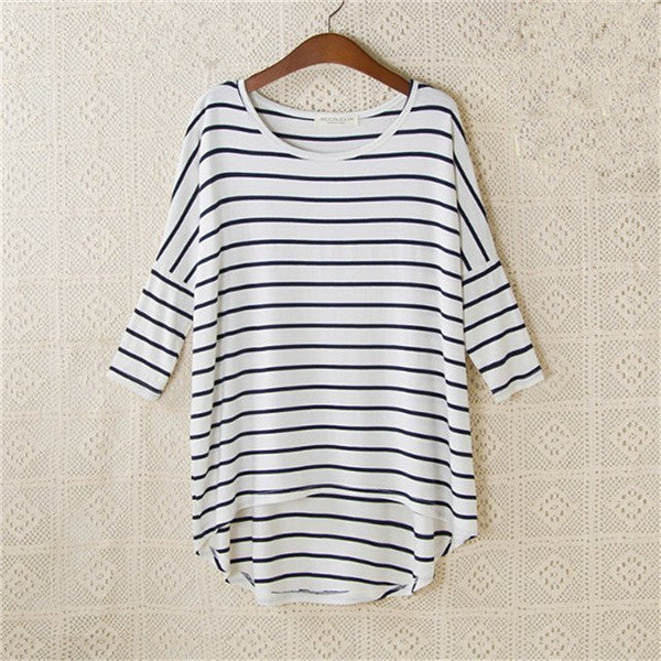 2016 New Fashion Loose T-shirt Large Size O-neck 3/4 Sleeve tShirt Women Stripped Top 70830