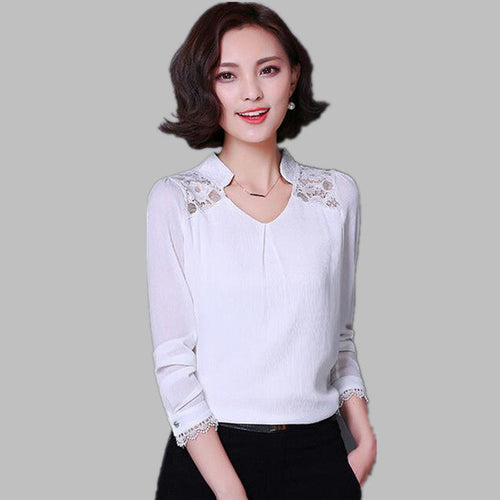 2016 New Fashion Plus Size Blouse Women Chiffon Blusas Long Sleeve Stand Shirts Lace Patchwork with Button Tops 70270