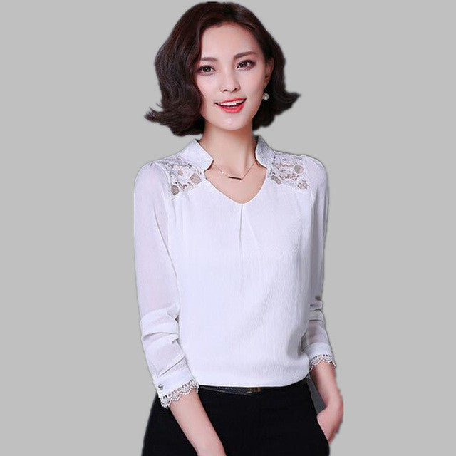 2016 New Fashion Plus Size Blouse Women Chiffon Blusas Long Sleeve Stand Shirts Lace Patchwork with Button Tops 70270