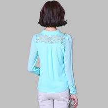 2016 New Fashion Plus Size Blouse Women Chiffon Blusas Long Sleeve Stand Shirts Lace Patchwork with Button Tops 70270