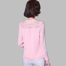 2016 New Fashion Plus Size Blouse Women Chiffon Blusas Long Sleeve Stand Shirts Lace Patchwork with Button Tops 70270