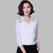2016 New Fashion Plus Size Blouse Women Chiffon Blusas Long Sleeve Stand Shirts Lace Patchwork with Button Tops 70270