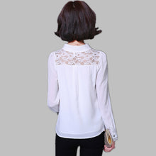 2016 New Fashion Plus Size Blouse Women Chiffon Blusas Long Sleeve Stand Shirts Lace Patchwork with Button Tops 70270