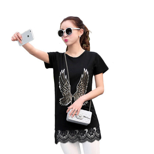 2016 New Fashion Short Sleeve Plus Size Long T-shirts Female Animal Print Appliques Lace T shirts Women Clothing Top 71049