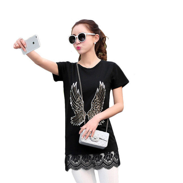 2016 New Fashion Short Sleeve Plus Size Long T-shirts Female Animal Print Appliques Lace T shirts Women Clothing Top 71049