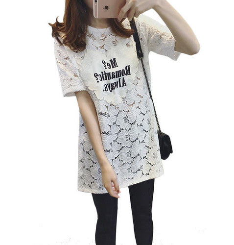 2016 New Fashion Short Sleeve Plus Size Long XL-5XL T-shirts Female Letter Print Lace t shirts Women Top 71053