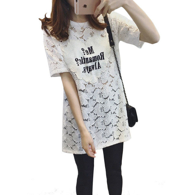 2016 New Fashion Short Sleeve Plus Size Long XL-5XL T-shirts Female Letter Print Lace t shirts Women Top 71053