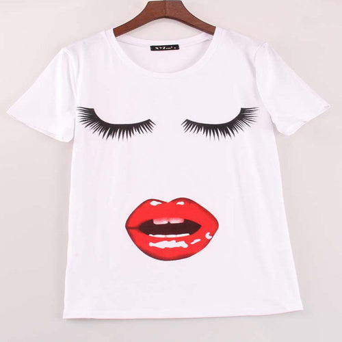 2016 New Fashion Short Sleeve Plus Size T-shirts Female T shirts Print Tops Red Lip Mouth Women Clothing 70603
