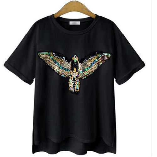 2016 New Fashion Short Sleeve Plus Size T-shirts Female Wing Print Appliques T shirts Women Clothing Top 71047