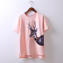 2016 New Fashion Short Sleeve T-shirts Female Animal T shirts Elk Tops Plus Size Deer Print Appliques Hot Sale 70428