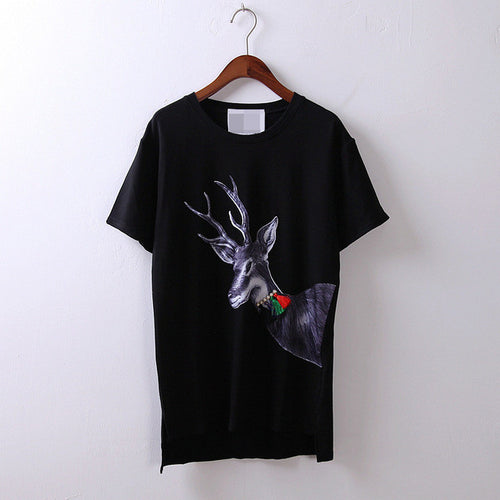 2016 New Fashion Short Sleeve T-shirts Female Animal T shirts Elk Tops Plus Size Deer Print Appliques Hot Sale 70428