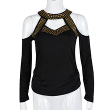 2016 New Fashion T Shirt Women Sexy Off Shoulder Sequined Casual Tops Autumn Long Sleeve Black Tee Shirt Femme