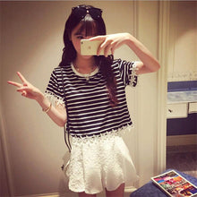 2016 New Fashion T Shirt Women Short Sleeve Casual O-Neck Tee Tops Female Stripped T-shirt Lace Plus Size 70635