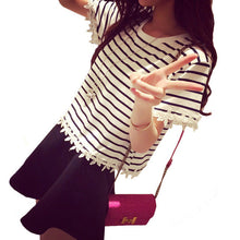 2016 New Fashion T Shirt Women Short Sleeve Casual O-Neck Tee Tops Female Stripped T-shirt Lace Plus Size 70635