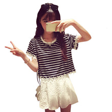 2016 New Fashion T Shirt Women Short Sleeve Casual O-Neck Tee Tops Female Stripped T-shirt Lace Plus Size 70635