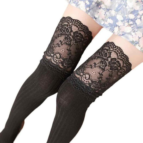 2016 New Fashion Thigh High Cotton Lace Splicing Over The Knee Long Cotton Solid Warmer Soft Thigh High Stockings 1128#