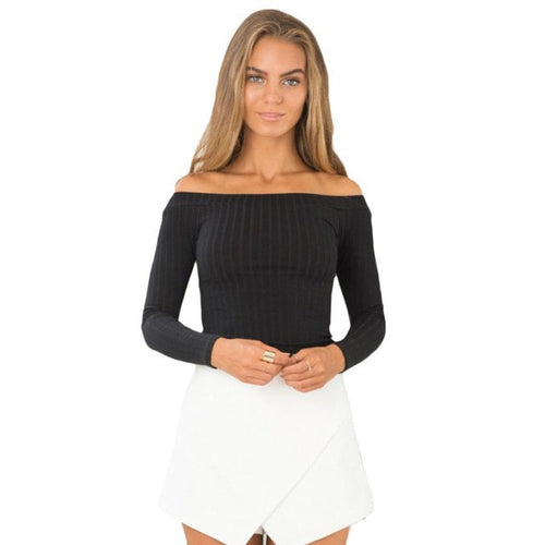 2016 New Fashion Tops Women Long Sleeve Off The Shoulder Sleeveless Short Top Tight Knitting Casual Strapless T-shirt Femme