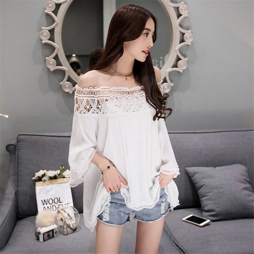 2016 New Fashion Women Blouse Full Flare Sleeve Tee Shirt Chiffon Casual Blouses Lace Sexy Slash Neck Plus Size Blusas 70661