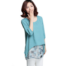 2016 New Fashion Women False 2 T shirts Print T-shirt Women 0-neckTop 3/4 Sleeve Chiffon M-4XL Korean Style Female tops 70861