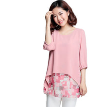 2016 New Fashion Women False 2 T shirts Print T-shirt Women 0-neckTop 3/4 Sleeve Chiffon M-4XL Korean Style Female tops 70861