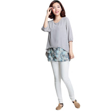 2016 New Fashion Women False 2 T shirts Print T-shirt Women 0-neckTop 3/4 Sleeve Chiffon M-4XL Korean Style Female tops 70861