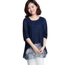 2016 New Fashion Women False 2 T shirts Print T-shirt Women 0-neckTop 3/4 Sleeve Chiffon M-4XL Korean Style Female tops 70861