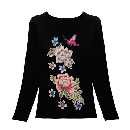 2016 New Fashion Women Full Sleeve Female Diamond tops Bling clothing XL-4XL T shirts Floral Print t-shirt Women Top 72107