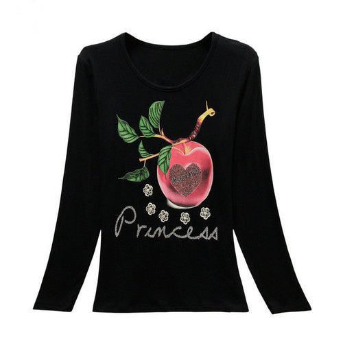 2016 New Fashion Women Full Sleeve Female Diamond tops Bling clothing XL-4XL T shirts Fruit Print t-shirt Women Top 72106