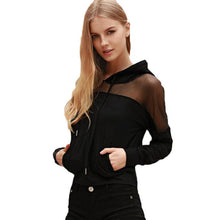 2016 New Fashion Women Sexy Lace Splice Shoulder Transparent Autumn Tops Long Sleeved Hooded Casual Short Tee Shirts Femme Black