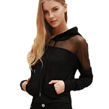 2016 New Fashion Women Sexy Lace Splice Shoulder Transparent Autumn Tops Long Sleeved Hooded Casual Short Tee Shirts Femme Black