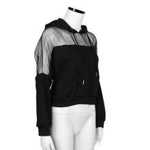 2016 New Fashion Women Sexy Lace Splice Shoulder Transparent Autumn Tops Long Sleeved Hooded Casual Short Tee Shirts Femme Black