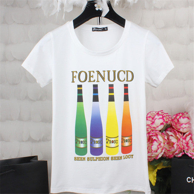 2016 New Fashion Women T shirts Casual T-shirt Women O-neck Top Short Sleeve Colorful Bottle print Female tops 72428