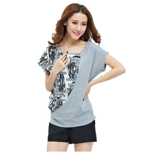 2016 New Fashion Women T shirts Floral Print T-shirt Women O-neck Top Short Batwing Sleeve Patchwork Female tops 71114