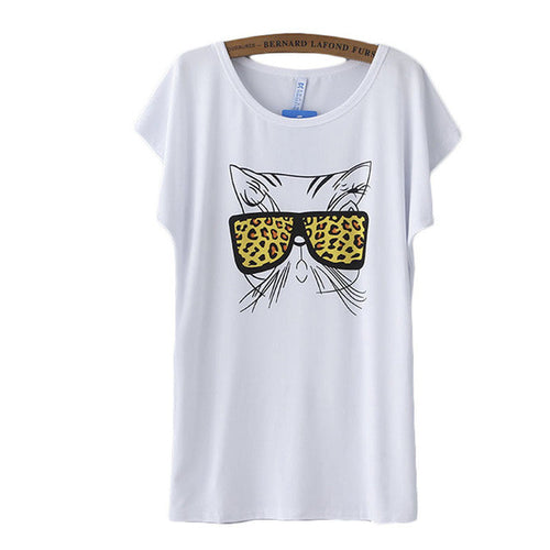 2016 New Fashion Women T shirts Glass Cat Print T-shirt Women 0-neck Top Short Sleeve Female tops 70867