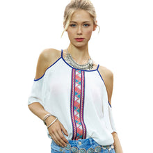 2016 New Fashion Women T shirts White O-neck Women Top Off Shoulder Short Sleeve Female Off Shoulder Geometric tops 70615