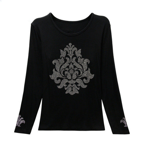 2016 New Fashion Women XL-4XL T shirts clothing Floral Print t-shirt Women Top Full Sleeve Female Bling tops 72103