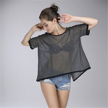 2016 New Fashion Women clothing Look Through T shirts Stripped t-shirt Women Top Short Sleeve Female Knitting tops 71686