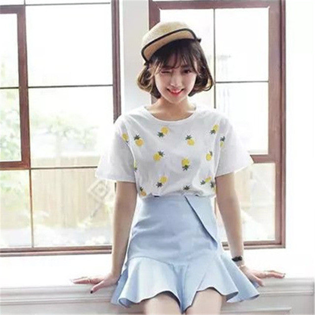 2016 New Fashion Women clothing Short T shirts Pineapple Print t-shirt Women Top Short Sleeve Female Fruit tops 71678