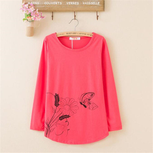 2016 New Fashion Women clothing T shirts Butterfly Print t-shirt Women Top Full Sleeve Female tops 70620